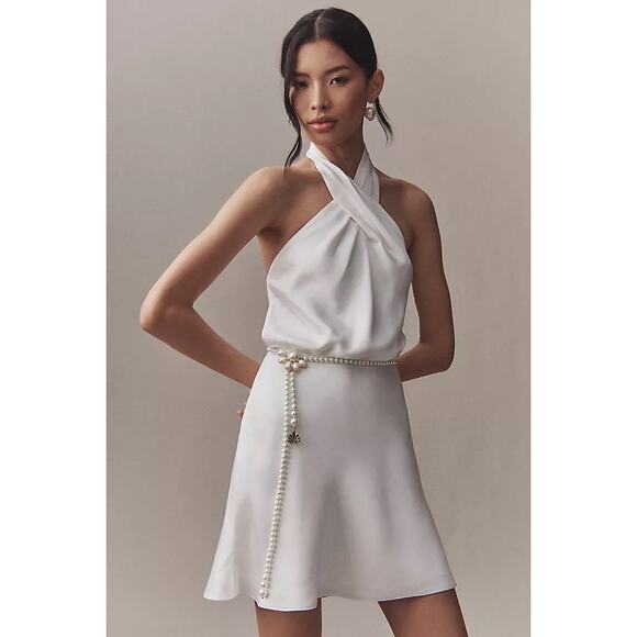 BHLDN Dresses & Skirts - BHLDN Ruby Twist Halter Stretch Satin Ivory Mini Dress